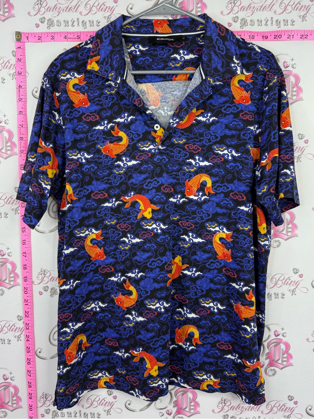Bugatchi shirt tattoo style Navy Short-Sleeve Shirt with Orange Koi Print